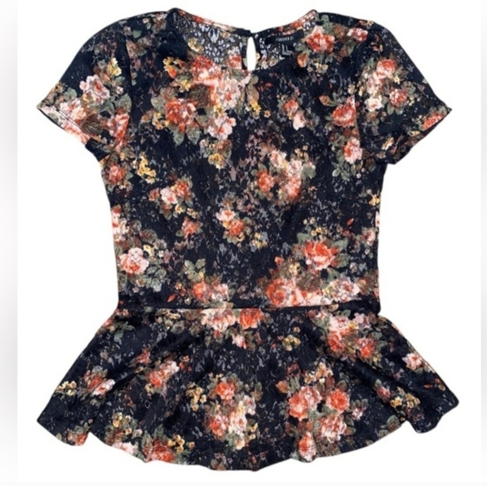 New Forever 21 Black Floral Lace Romatic Cottagecore Peplum Top Sz M Y2K
